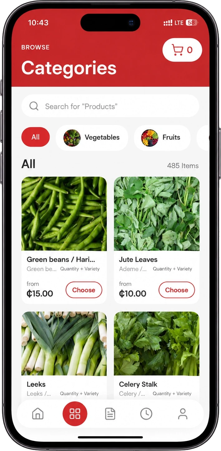 DWOM categories screen listing vegetables with prices