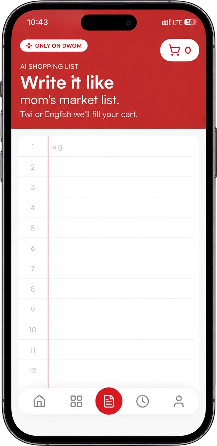 DWOM AI shopping list screen for writing a market list in Twi or English
